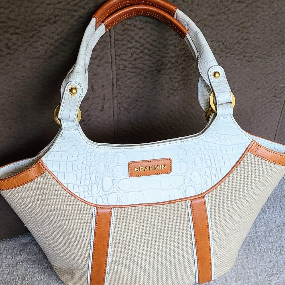 Brahmin Vintage Burlap and Melbourne Embossed Finished Leather Bag